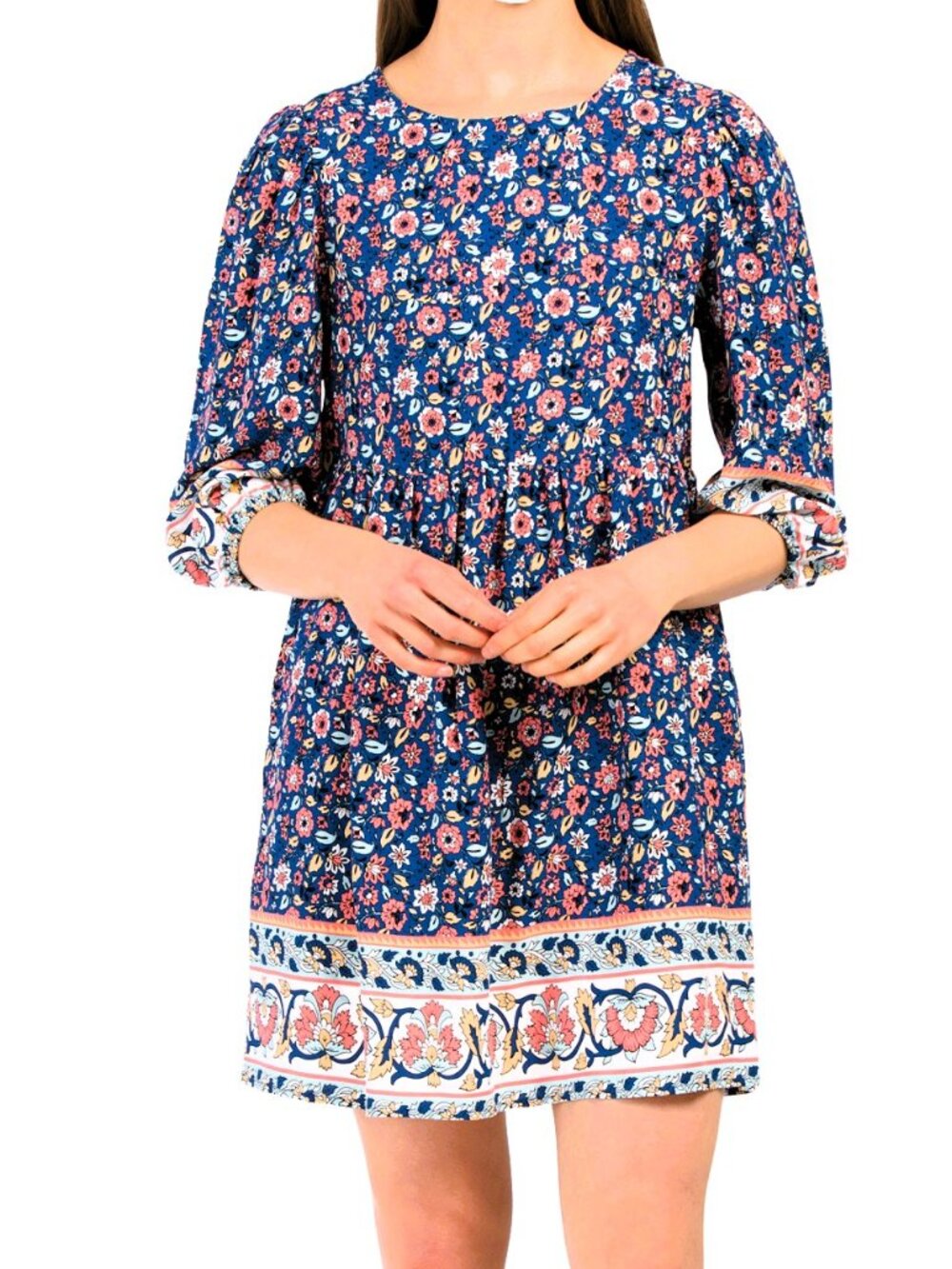 BeBop Floral Ditsy Navy Rayon Boho Dress sz M Long Sleeves Relaxed Bohemian Styl